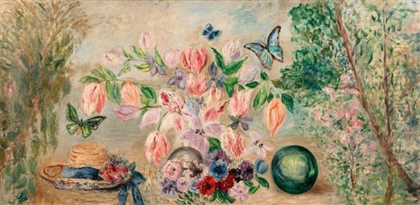 Papillons Et Fleurs Oil Painting by Valentine Synave Nicolaud (Fray) Val