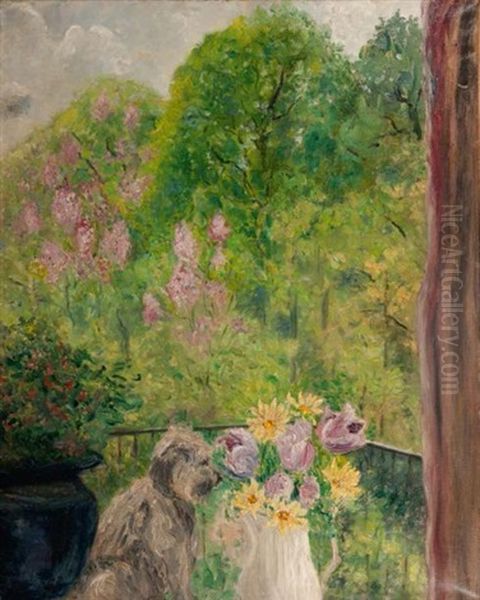 Fleurs Et Chien Oil Painting by Valentine Synave Nicolaud (Fray) Val