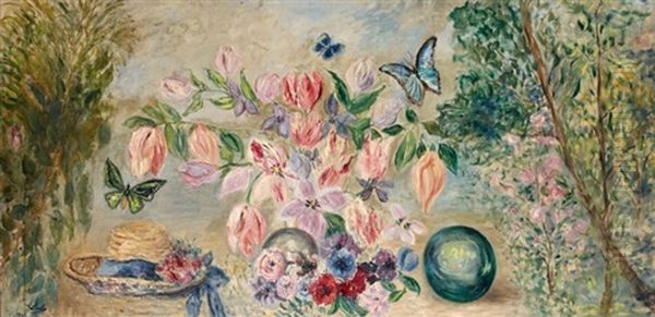 Fleurs Et Papillons Oil Painting by Valentine Synave Nicolaud (Fray) Val