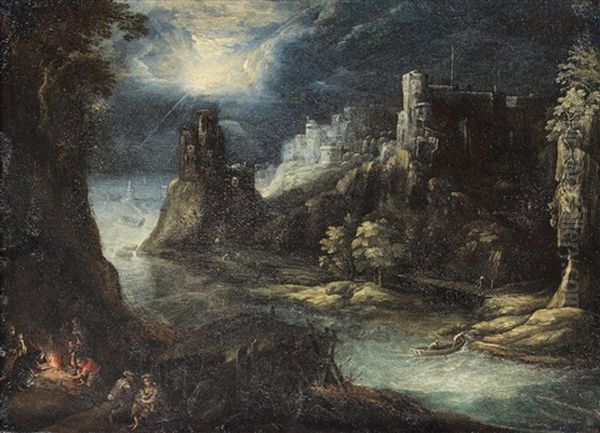 A Nocturnal River Landscape With A Castle And Peasants Near A Campfire Oil Painting by Frederick van Valckenborch