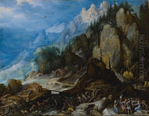 A Mountainous Village Landscape With Waterfalls, Mills, A Castle On A Hill, Various Animals, And Figures In The Foreground Oil Painting by Frederick van Valckenborch