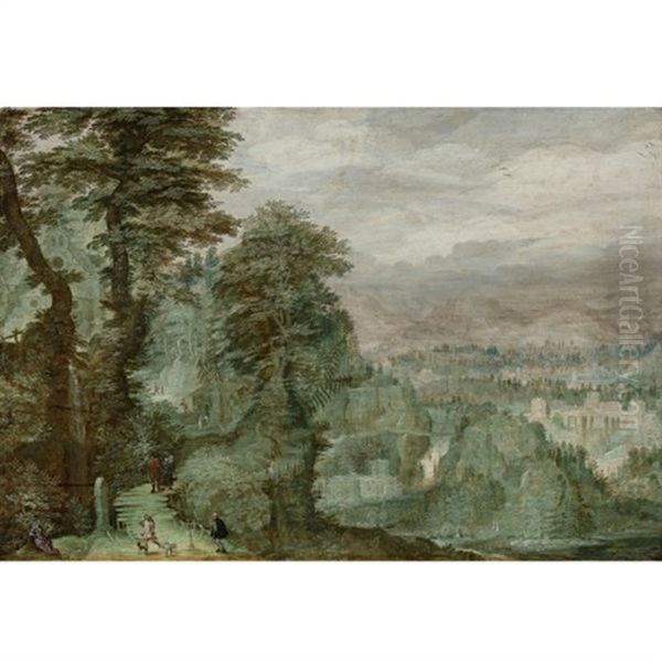 An Extensive Wooded Landscape With Travelers On A Path by Frederick van Valckenborch