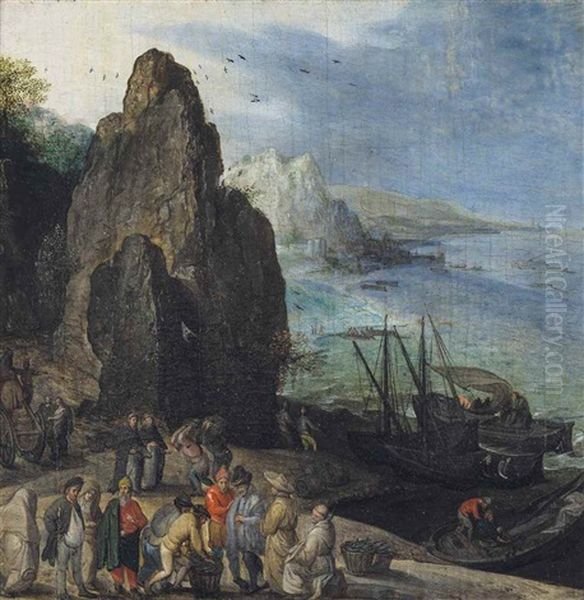 A Rocky Coastal Landscape With Fishermen And Merchants Near A Landing Stage Oil Painting by Gillis van Valckenborch