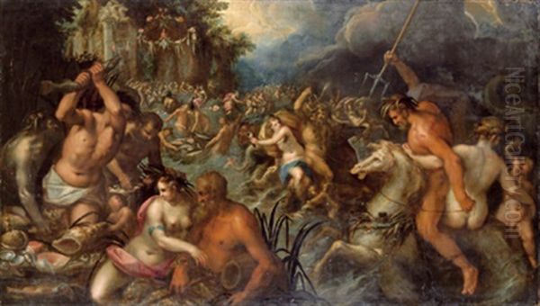 Fest Der Meeresgotter, Im Hintergrund Die Hochzeit Des Neptun Und Der Amphitrite Oil Painting by Gillis van Valckenborch