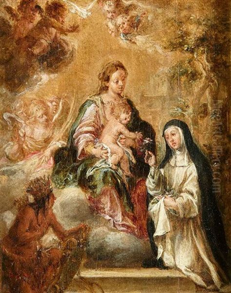 Vision De Santa Rosa De Lima Con La Virgen Y El Nino E Indio Venerandola Junto Al Blason De La Ciudad De Lima by Juan De Valdes Leal