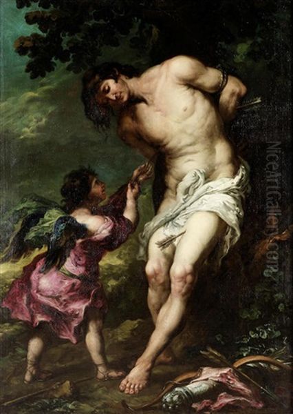 Saint Sebastian Tended By An Angel Oil Painting by Juan De Valdes Leal