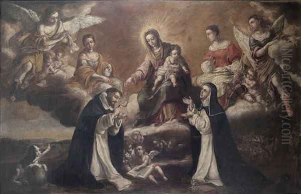 La Virgen Del Rosario Con Santo Domingo Y Santa Catalina De Siena Oil Painting by Lucas De Valdes