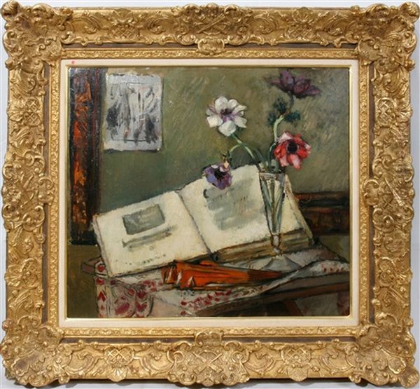 Still Life With Flowers And Open Book Oil Painting by Suzanne Valedon