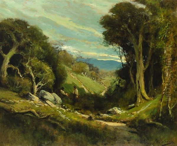 Figure Walking Through A Sunlit Path Through Rollling Hills Oil Painting by Manuel Valencia