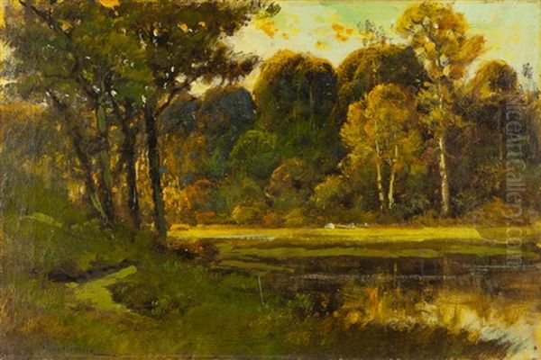 Trees In A Lakeside Landscape Oil Painting by Manuel Valencia