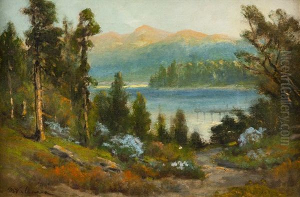 Lake In A Mountain Landscape Oil Painting by Manuel Valencia