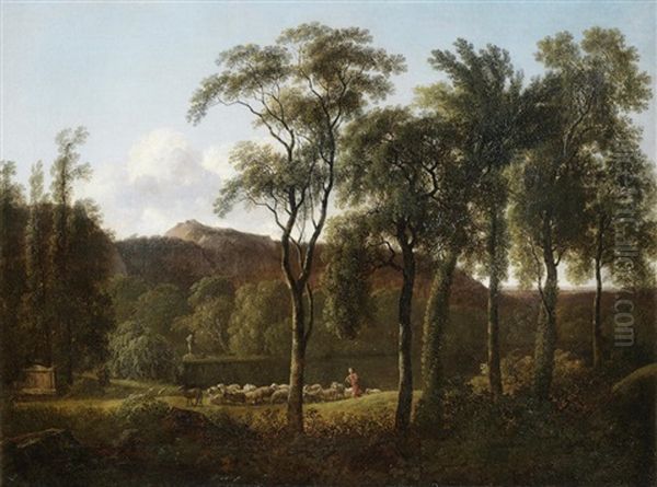 A Shepherd And Flock In A Landscape With A Sculptural Herm Beside A Lake Oil Painting by Pierre Henri de Valenciennes