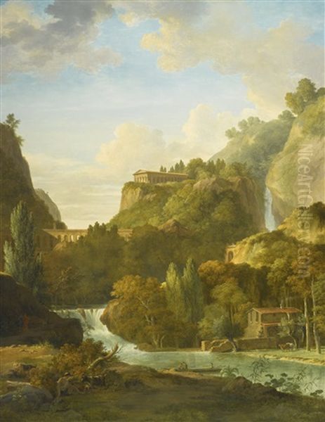 An Arcadian Landscape With A Classical Temple And Aqueduct Oil Painting by Pierre Henri de Valenciennes