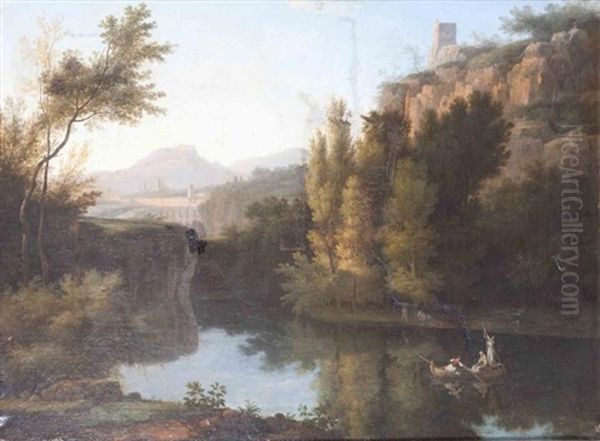 Paysage Au Lac Avec Des Jeunes Filles Sur Une Barque Oil Painting by Pierre Henri de Valenciennes