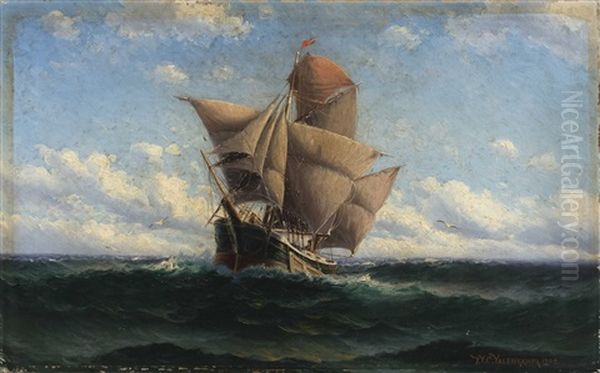 A Full-rigged Ship At Sea. Oil Painting by Theodore Victor Carl Valenkamph