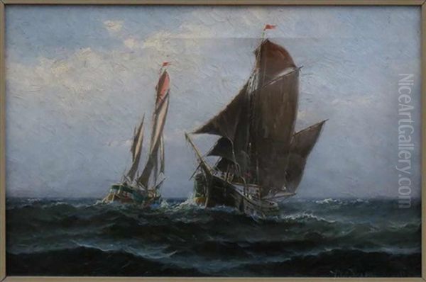 Two Sailing Ships At Sea Oil Painting by Theodore Victor Carl Valenkamph