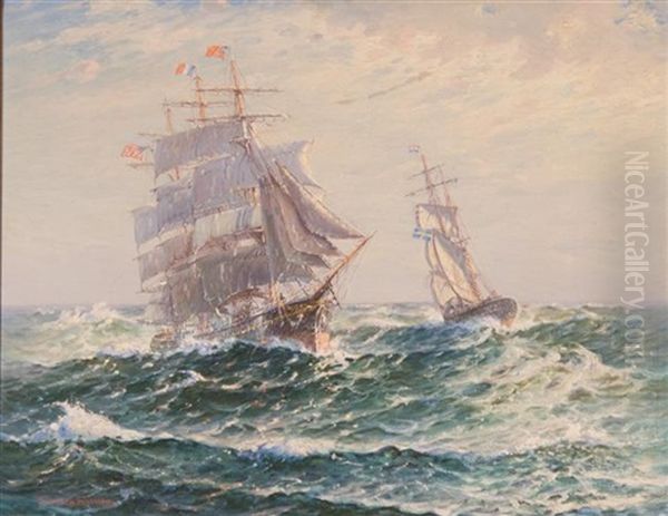 American And Swedish Ships Passing At Sea Oil Painting by Theodore Victor Carl Valenkamph