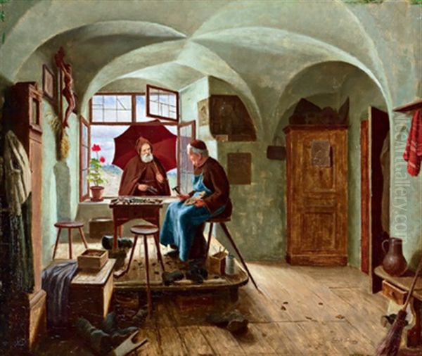 In Der Klosterlichen Schusterwerkstatt Oil Painting by Ludwig Valenta