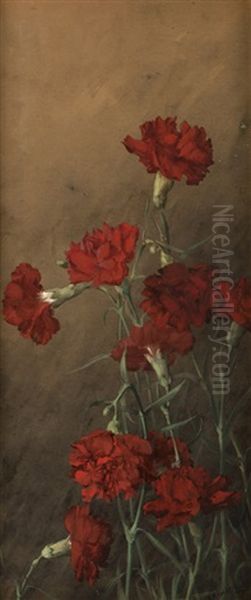 Red Carnations Oil Painting by Albert R. Valentien