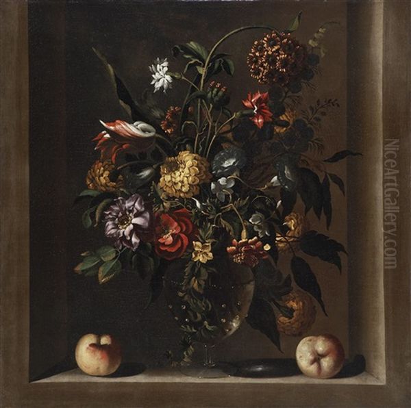 Jarron De Cristal Con Tulipanes, Rosas, Calendulas, Una Peonia, Claveles Y Diente De Leon En Un Nicho Con Dos Manzanas Oil Painting by Diego Valentin Diaz