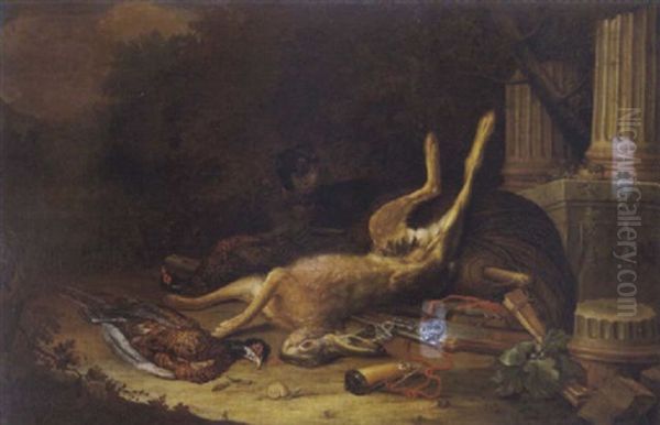 Jagdstilleben Mit Einem Hund In Einer Parklandschaft by Gottfried Valentin