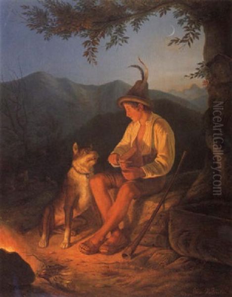 Sennerbub Mit Hund Am Lagerfeuer Oil Painting by Josef Valentin