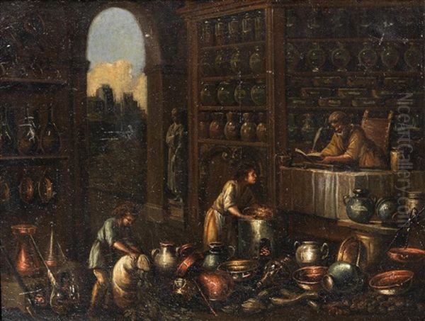 A Kitchen Interior With Maids Washing Pots Oil Painting by Giovanni Domenico Valentino