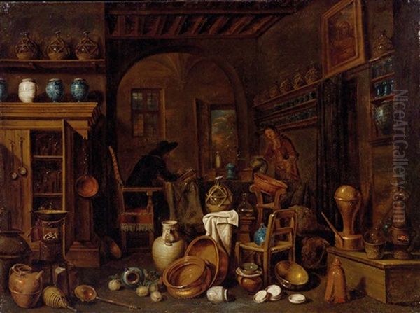 Kucheninterieur Mit Weiblicher Figur; Interieur Mit Schreibender Figur (der Apotheker) Oil Painting by Giovanni Domenico Valentino