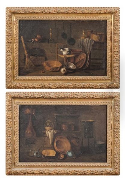 Interieur De Cuisine Avec Un Chat Et Interieur De Cuisine Avec Un Poele (pair) Oil Painting by Giovanni Domenico Valentino