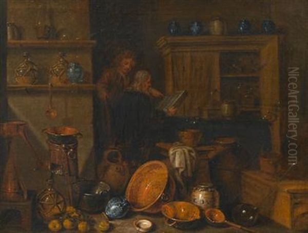 Figures Reading In A Kitchen Interior Oil Painting by Giovanni Domenico Valentino