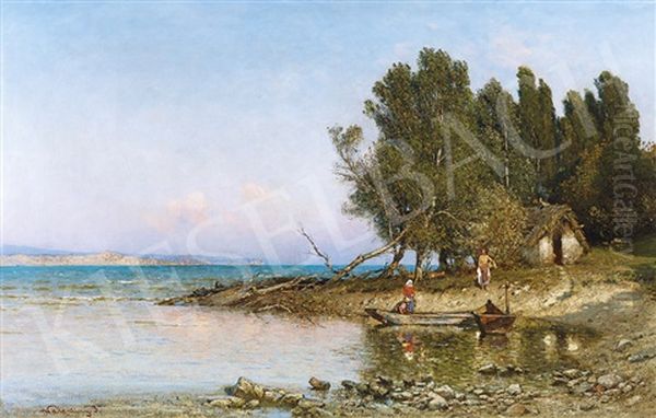 Lake Balaton With Fishermen's Cottage Oil Painting by Janos Valentiny