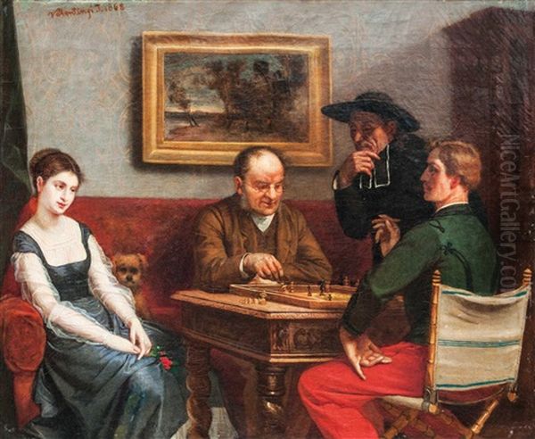 Chess Players Oil Painting by Janos Valentiny