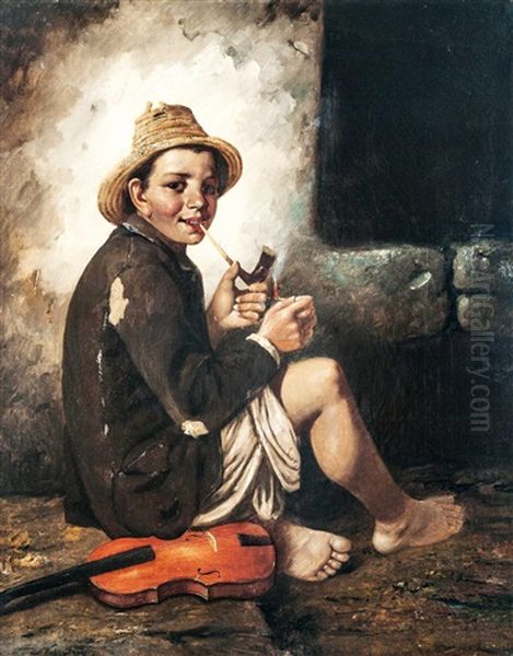 Boy Smoking A Pipe Oil Painting by Janos Valentiny