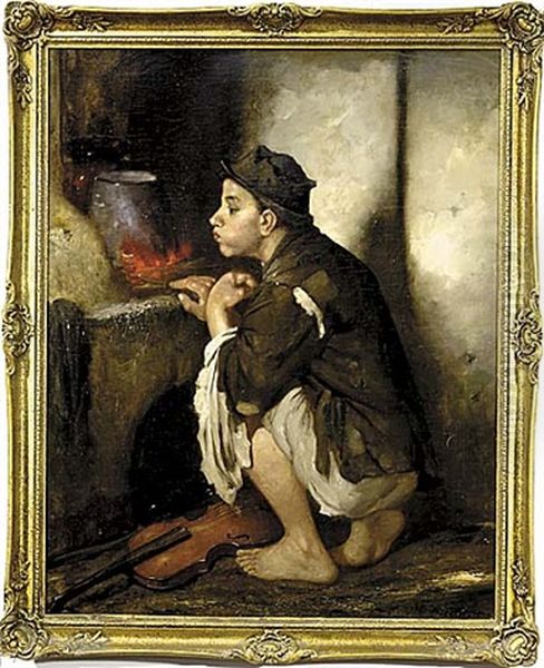 Stoking The Fire Oil Painting by Janos Valentiny