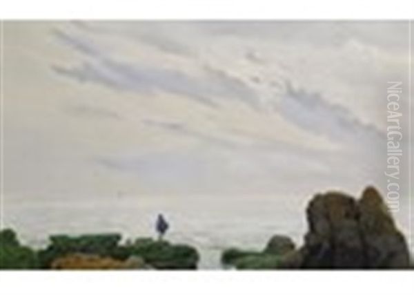 Coastal Seascape In Chile With A Figure On The Shore Oil Painting by Alberto Valenzuela Llanos