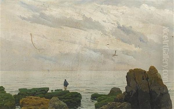 Figure On A Rocky Shore, Near San Vicente, Chile Oil Painting by Alberto Valenzuela Llanos