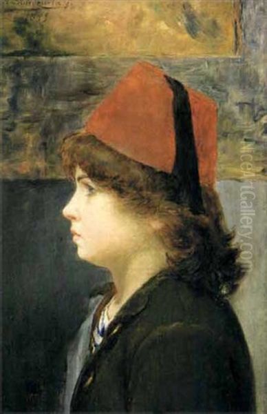 Enfant De Profil Coiffe D'un Fez Oil Painting by Alberto Valenzuela Llanos