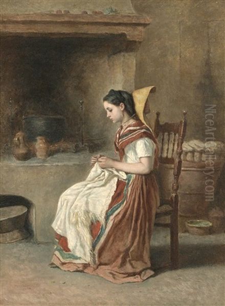 A Girl Sewing In The Kitchen Oil Painting by Theodore Valerio