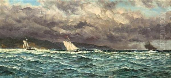 Three Cutters Running Into Cowes Roads In Half A Gale (yachting Off The Coast Of Scotland) Oil Painting by John Edward Brett