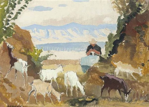 Woman Knitting, With Goats Oil Painting by Adolphe Valette