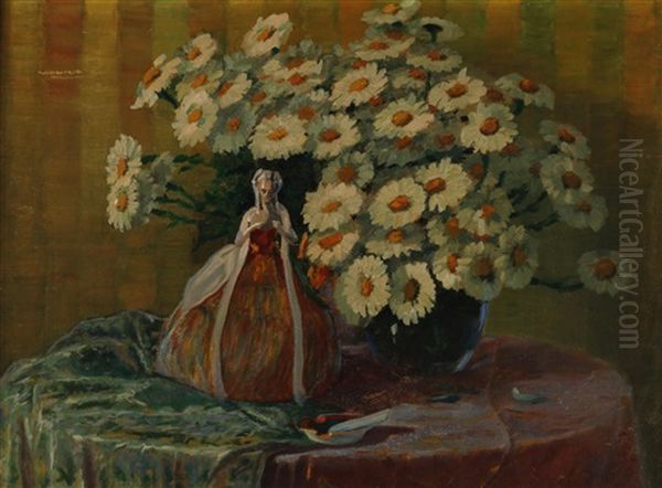 Stillleben Mit Margeritenstraus Und Zierfigur Oil Painting by Georg Valka