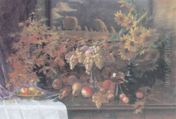 Herbstliches Stilleben Mit Obstschale, Gefulltem Romer, Laub Und Sonnenblumen Oil Painting by Georg Valka