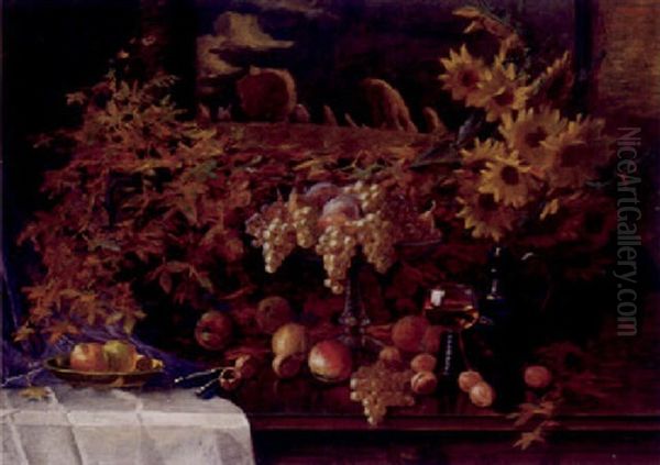 Herbstlisches Stilleben Mit Obstschale, Gefulltem Romer, Laub Und Sonnenblumen Oil Painting by Georg Valka