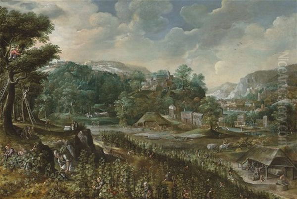 Allegory Of Summer(?): An Extensive Landscape With Peasants Harvesting Grapes And Wine-making, A Village Beyond Oil Painting by Marten van Valkenborch the Elder