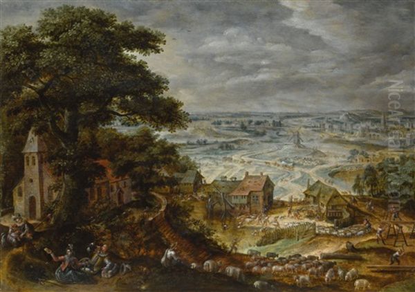 A Pastoral Summer Landscape Oil Painting by Marten van Valkenborch the Elder