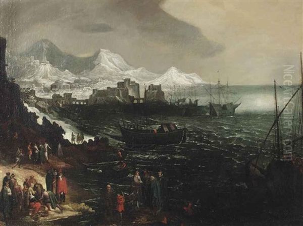 A Mediteranean Seascape With Shipping And Figures Along The Coast, A Harbour And A Mountainous Village Beyond Oil Painting by Marten van Valkenborch the Elder