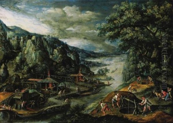 A River Landscape With Iron-mining Scenes Oil Painting by Marten van Valkenborch the Elder