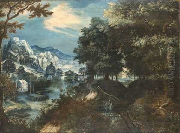 Ville Sur Un Eperon Rocheux Devant Une Riviere En Bordure De Foret (in 5 Parts) Oil Painting by Marten van Valkenborch the Elder