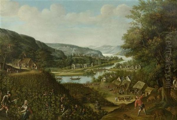 Flusslandschaft Mit Weinernte Oil Painting by Marten van Valkenborch the Elder