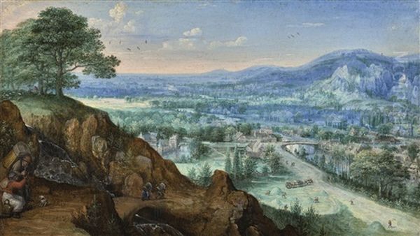 A View In The Taunus Near Bad Schwalbach, With Travellers Beside A Mountain Stream Oil Painting by Lucas Van Valkenborch